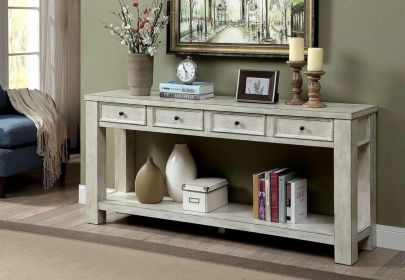 Sofa Table Antique White Rustic Solid wood Storage Table Open Shelf Bottom Living Room 1pc Side Table.