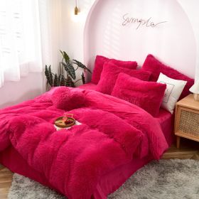 Mink Velvet Four Piece Set Long Plush Crystal Velvet Duvet Cover (Option: Rose red-2.0m flat sheet)