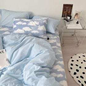 Simple Cloud Bed Sheet Quilt Cover All Cotton Washed Cotton Four-piece Set (Option: Clouds Like Water Blue-150CM Fitted Sheet 200X230cm)